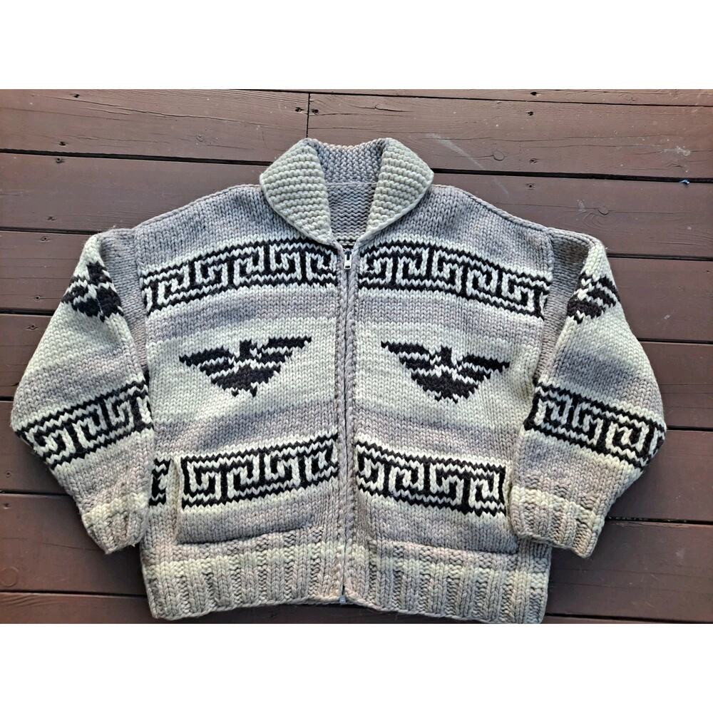 Cowichan Sweater Cardigan L Chunky Wool Knit Eagle Thunderbird Handmade Canada
